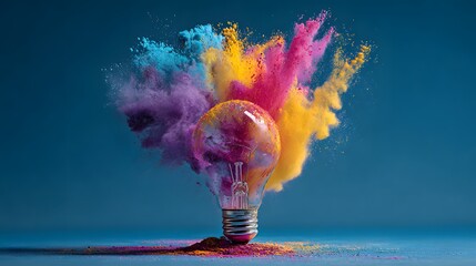 Glowing incandescent bulb releases vibrant cloud of colored dust against dark backdrop