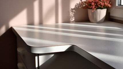 Minimal white desk with soft corner shadow creating a clean and modern workspace aesthetic, ideal for interior design, office setup, product mockups, and creative lifestyle visuals