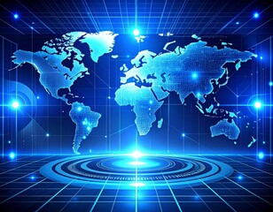 Futuristic blue cyber technology background with glowing UI elements, world map grid, digital data flow, high-tech professional style.