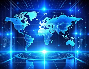 Futuristic blue cyber technology background with glowing UI elements, world map grid, digital data flow, high-tech professional style.