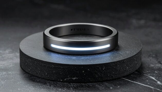 Sleek, minimalist smart ring with a glowing white LED band, resting on a dark display stand, showcasing modern wearable technology and elegant design in a studio setting