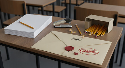 A classroom desk set up for an exam with a confidential sealed envelope, papers, and pencils.