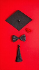 academia. Graduation cap with tassel and decorative bow on red background in a top-down view composition. event programs, museum guides, designed for cultural heritage projects and event programs.