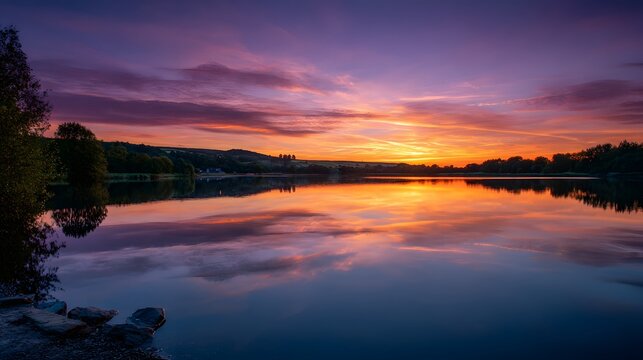 Brilliant hues of orange and purple illuminate the sky over a tranquil lake at dusk