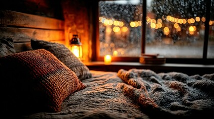 Cozy bedroom interior with pillows blanket window lights and rustic wood walls.