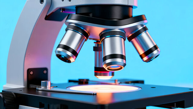 Closeup of a modern laboratory microscope with multiple lenses against a vibrant blue background showcasing scientific research and medical analysis equipment for pharmaceutical studies and innovation