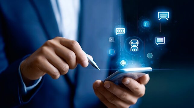 Businessman interacting with ai chatbot interface on smartphone