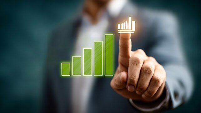 Businessman touching growing bar chart achieving success concept
