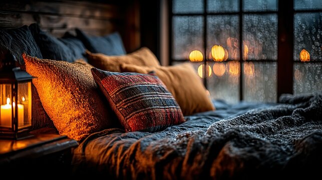Cozy window seat with pillows blanket and rain outside warm light.