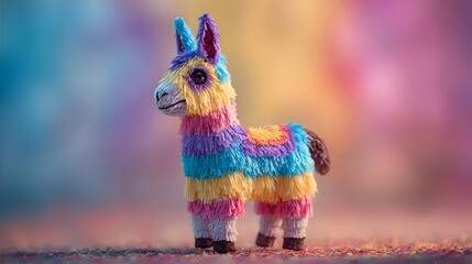 Obraz premium Miniature colorful fringed animal figure stands in soft focus against a vibrant pastel background