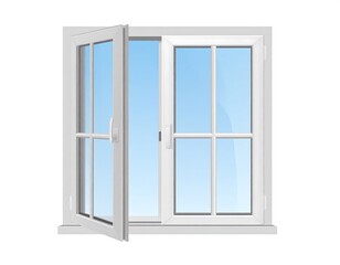 Illustration featuring a white, open window frame showcasing a view of a bright blue sky. One pane is open