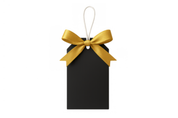 Black gift tag with golden bow and string, blank label displaying luxurious sale, price, or message with transparent background