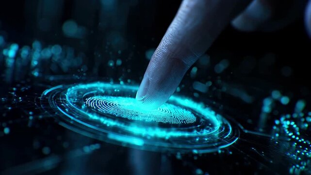 Human finger touching futuristic digital fingerprint scanner for biometric security identification
