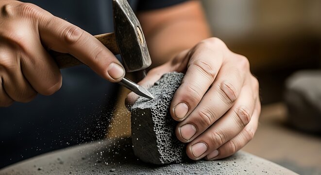 Detail of Artisan Shaping Porous Material with Hammer and Chisel Tool