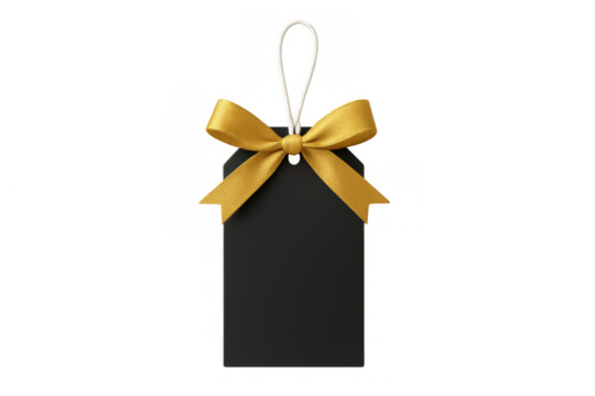Black gift tag with golden bow and string, blank label displaying luxurious sale, price, or message with transparent background