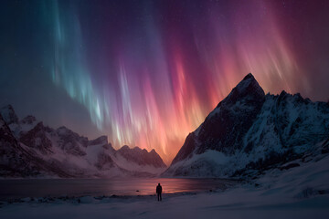 une personne seule dans la neige regarde les aurores boréales au dessus des montagnes enneigées
