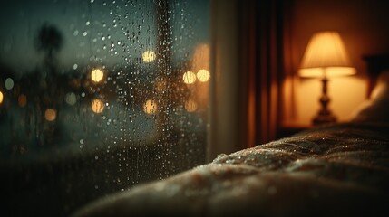 Rainy window view from a cozy bedroom with a glowing lamp at night.