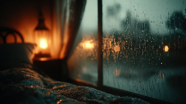 Cozy bed near window with raindrops and blurred lights outside moody atmosphere.
