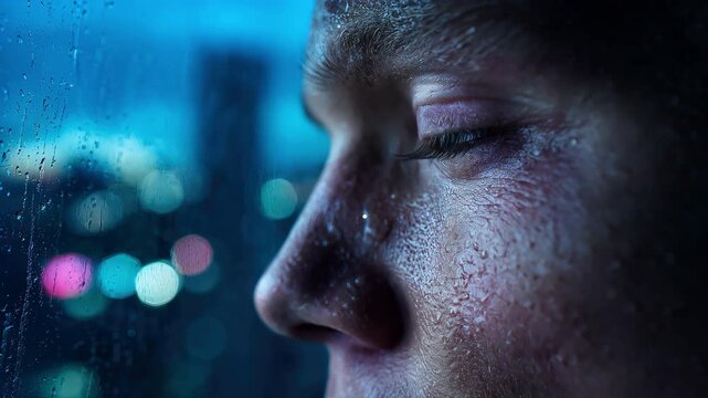 Cinematic close up of sad man with wet face looking out window at city night lights