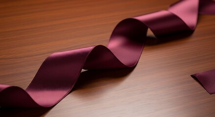 Burgundy ribbon flows across a wooden surface in gentle waves