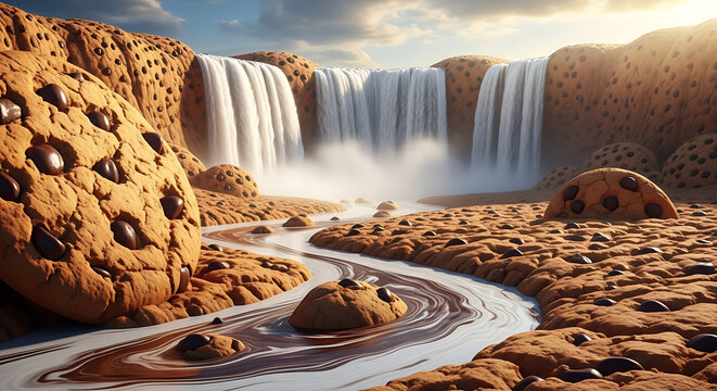 Fantasy landscape made of chocolate chip cookies with milk waterfalls and a flowing chocolate river under a sunny sky.