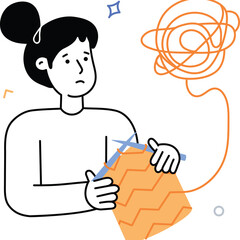 Woman knitting with tangled yarn expressing confusion and frustration in a simplified illustration style with a white background and no defects