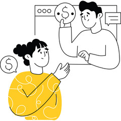 Two People Discussing Online Finance and Investment with Dollar Symbol and Chat Bubbles on Transparent Background