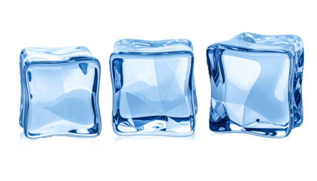 Set of Three Ice Cube Shapes Cut Out with Internal Blue Geometric Low Poly Structure, Isolated Element for Refreshment and Science