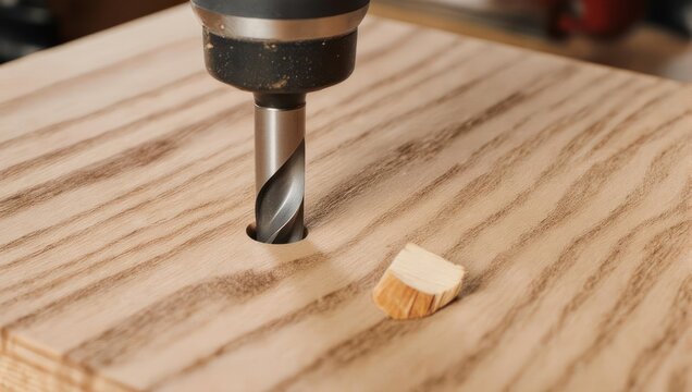 Close-up of a drill bit creating a hole in a wooden surface.