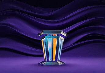 Elegant Podium Scene with Draped Fabric Background and Neon Illumination