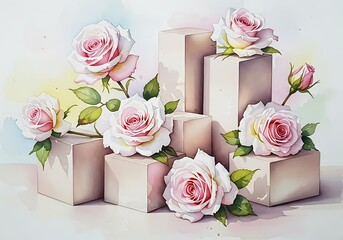 Elegant Watercolor Roses on Geometric Pedestals Artistic Presentation