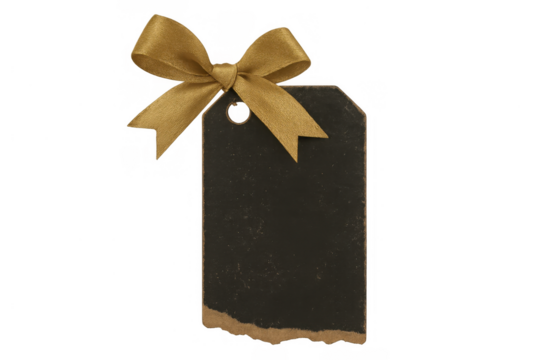 Black kraft paper tag with golden gift ribbon bow, creating a space for custom holiday messages and discounts - Powered by Adobe