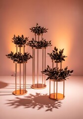 Elegantly Displayed Foliage on Golden Stands, Illuminated by Warm Light