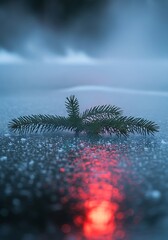 Evergreen Bough on Snowy Surface with Reflected Glow of Light, Moody