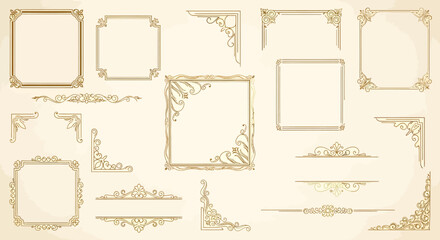 Collection of ornate golden frames, borders, and corner elements on beige background.