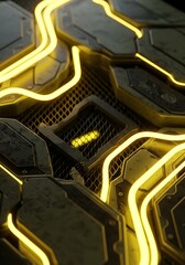 Futuristic Interface with Glowing Yellow Lines and Industrial Elements