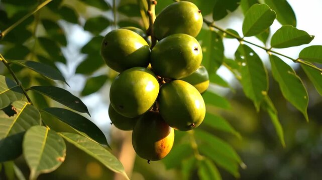 Green unripe walnuts hanging from a tree branch with green leaves.