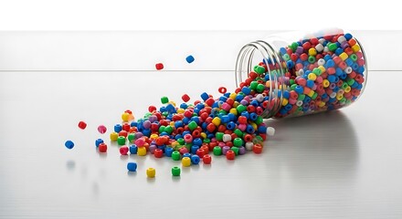 A clear plastic jar tipped over, spilling hundreds of colorful pony beads onto a white surface.