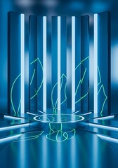 Futuristic podium illuminated with neon accents and organic motifs