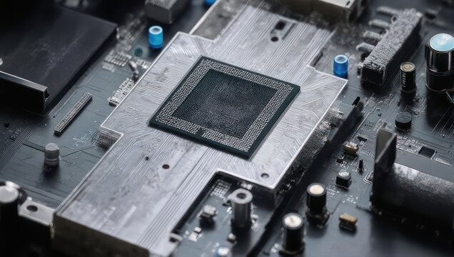 Close-up of a computer processor on a circuit board, technology concept.