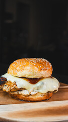 Healthy chicken breast burger on brioche bun with cheese, homemade mayo and barbecue sauce. Succulent, nutritious meal perfect for fitness and balanced diet promotions.