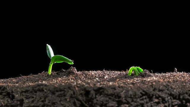 Two sprouts growing from soil in a time lapse shot