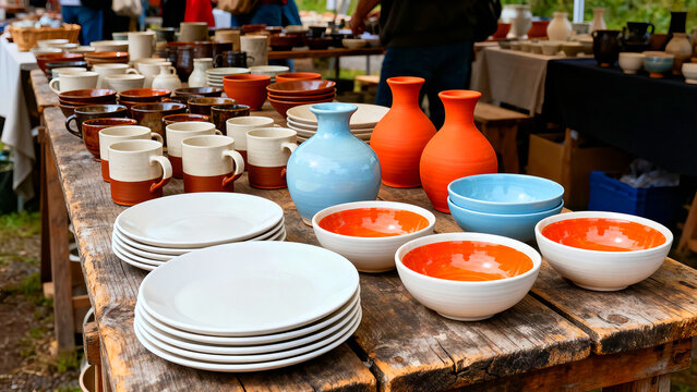 Ceramic pottery display featuring plates mugs bowls and vases in vibrant colors on a rustic wooden table at an outdoor market showcasing handcrafted artisan goods for sale