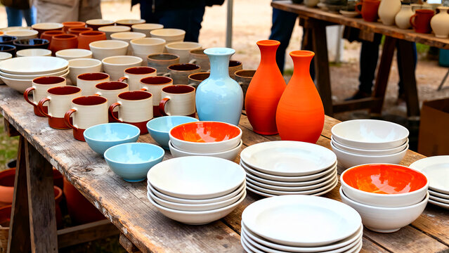 Handmade ceramic tableware display featuring mugs bowls plates and vases on a rustic wooden table showcasing artisan craftsmanship and colorful designs for home decor and kitchenware
