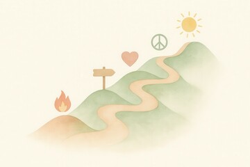 Serene landscape with winding path surrounded by symbolic icons of peace love and nature illuminated by soft sunlight reflecting the journey of self discovery and emotional growth