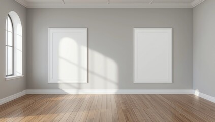 Obraz premium Empty room with white and gray walls, arch like windows and a wooden floor. There are two large vertical posters. 3d rendering mock up 