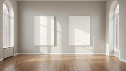 Empty room with white and gray walls, arch like windows and a wooden floor. There are two large vertical posters. 3d rendering mock up 
