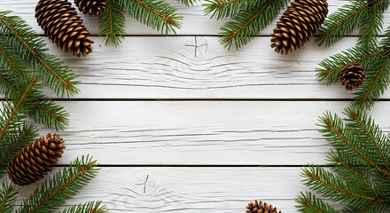 Elegant Christmas holiday background with frosted fir branches, golden stars, white and gold baubles, and warm string lights creating a festive frame.