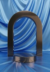 Metallic archway and platform against a backdrop of blue silk fabric