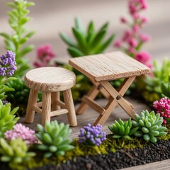 Miniature garden setting with wooden table and stool arrangement